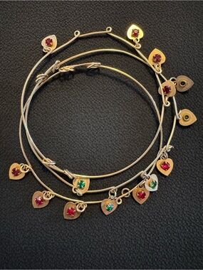 Vintage Gold Filled Heart Charm Bangle Bracelet Set Red Green CZ Set of 3